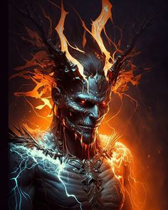 a demonic looking man with horns and flames on his head, in front of a dark background