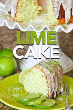 a lime cake on a plate with a slice cut out