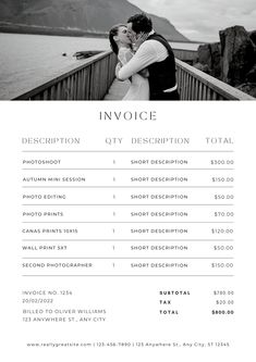 an invoice for a wedding with the bride and groom standing on a pier