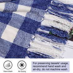 the blue and white checkered fabric is being used to make an afghan shawl