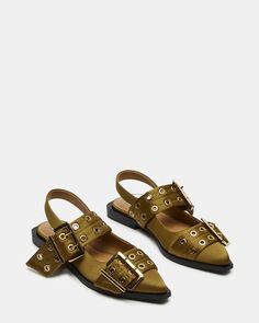 GRAYA Olive Fabric Slingback Flat | Women's Flats – Steve Madden Weekend Outfit, Olive Fabric, Buckled Flats, Slingback Flats, Leather Socks, Low Block Heels, Women's Flats, Over The Top, Wide Straps