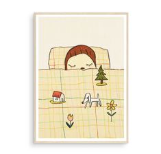 a drawing of a woman sleeping on top of a bed with animals and trees in the background