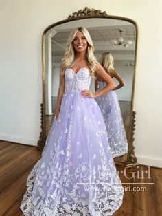 Lilac Butterfly Lace A Line Prom Dresses Strapless Sparkly Long Party Dress ARD2896-SheerGirl Prom Dresses Strapless, Lilac Butterfly, Tulle Neckline, Butterfly Lace, Long Gowns, Strapless Prom Dresses, Ball Gown Skirt, Tulle Ball Gown, Prom Looks