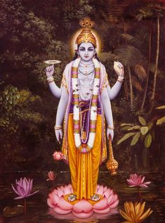 a painting of a god standing in the middle of a pond with lotuses around him