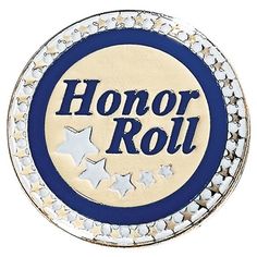 a blue and white pin with the word honor rou in it's center