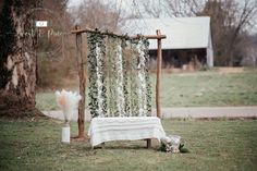 Wooden archway with strings of flower and ivy garland. Outdoor Photo Studio Backyards, Photo Prop Ideas Outdoor, Unique Mini Sessions Photo Shoot, Mardi Gras Mini Session, Spring Picture Backdrop Ideas, Outdoor Photoshoot Setup Ideas, Spring Mini Session Ideas Indoor, Spring Photoshoot Setup, Spring Set Up Photography