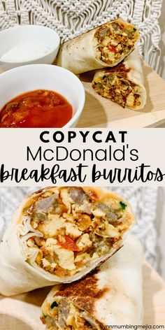 two images with the words copycat mcdonald's breakfast burritos on them