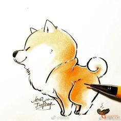 a drawing of a dog with a pencil in it's mouth