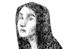 a black and white drawing of a woman's head with long hair, wearing a scarf