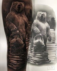 a man with a bear tattoo on his arm next to a black and white photo