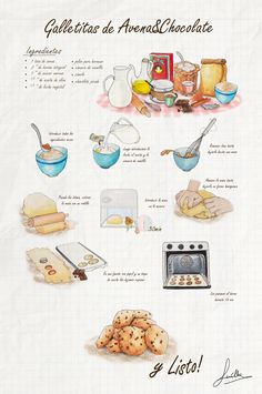 a recipe book with pictures of different foods and ingredients on it, including bread, butter, eggs, milk, flour, sugar, jam, syrup, cookies