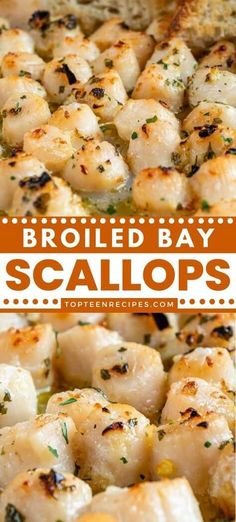 broiled bay scallops in a skillet with text overlay