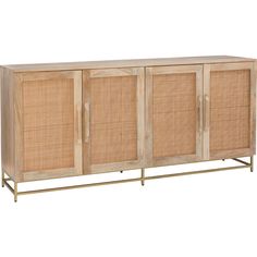 the sideboard is made out of wood and has rattan panels on it, along with metal legs