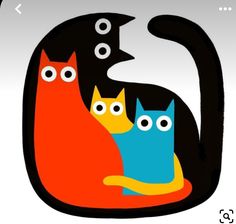 three cats are sitting together in the shape of a letter c, with eyes drawn on them