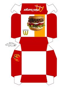 an open box with a hamburger on the front and side, in red and white