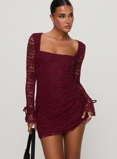 Long sleeve mini dress   Lace material, sweetheart neckline, flare cuffs with bow tie detailing, slim-fitting Non-stretch material, fully lined  Main: 80% nylon 20% elastane, Lining: 97% polyester 3% elastane Cold hand wash Red Hoco Dress Long Sleeve, Red Hoco Dress Long, Hoco Dress Long Sleeve, Red Hoco Dress, Maroon Mini Dress, Red Hoco, Red Longsleeve, Long Sleeve Lace Mini Dress, Mini Dress Lace