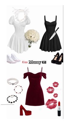 a bunch of different outfits and accessories are shown in this image, including shoes, necklaces, bracelets, lipstick, ring