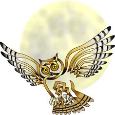 an owl flying in front of a full moon with its wings spread out and eyes wide open