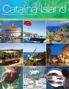 the cover of catalina island, with pictures of people riding bikes and water sports equipment