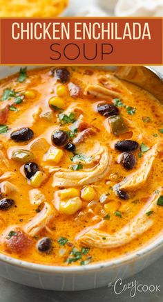 Chicken Enchilada soup with beans, corn, and chunks of chicken in a red broth Chicken Enchilada Soup Recipes, Enchilada Soup Recipe, Chicken Enchilada Soup, Enchilada Soup, Chicken Enchilada, Delicious Soup Recipes, Soup Dinner, Chicken Soup Recipes