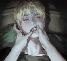 a painting of a boy with blonde hair holding his hands to his mouth