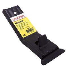 a black plastic tool holder with a yellow label on the top and bottom corner, in front of a white background