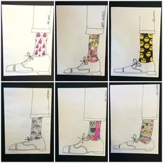 six pictures of different shoes with socks on them