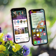 two iphones are shown next to each other in front of some flowers and plants