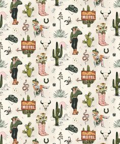 an image of a cactus pattern on a white wallpaper with pink and green accents