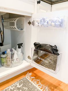 the inside of a kitchen cabinet with cleaning products in it and other items on the shelf