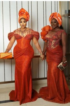 Burnt Orange Lace Dress, Lace Gown Styles Nigerian, Wedding Asoebi, Asoebi Lace Styles, Lace Styles For Wedding, Orange Lace Dress, Lace Long Gown, Stylish Naija, African Dresses For Kids