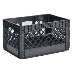 a black plastic crate with no lid and two sides that have holes in the bottom