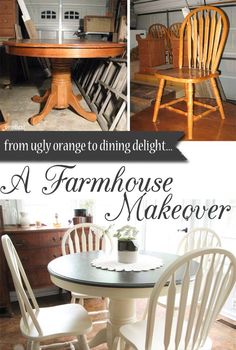 a collage of photos showing different types of chairs and tables with the words farmhouse makeover on them