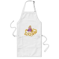 a white apron with the word dream on it and a cartoon character in gold letters