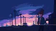 an animated image of a person standing in front of a sunset with power lines and telephone poles