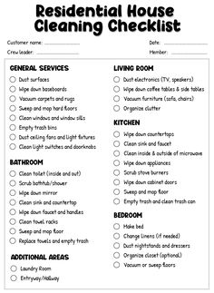 the residential house cleaning checklist is shown in black and white, with text on it