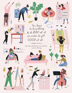 an illustrated poster with people doing different things in the same room, including plants and furniture