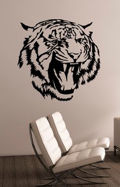 a wall decal with an image of a tiger's head in black and white