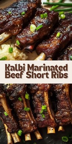 some ribs and mashed potatoes on a black plate with the words kalbi marinated beef short ribs