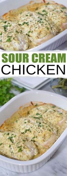 two pictures of chicken in a white casserole dish with parsley on top