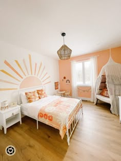 a bed room with a neatly made bed next to a window and a hammock