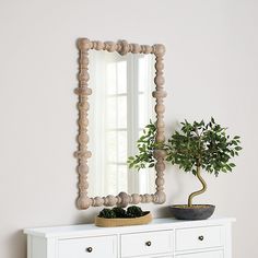 a potted plant sitting on top of a white dresser next to a wooden mirror