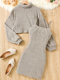 2pcs/Set Teen Girls Beige Textured Knit Turtleneck Long Sleeve Sweater Dress Casual Warm Outfit For Fall Khaki   Long Sleeve,Sleeveless Knitted Fabric Plain  Medium Stretch  Teen Girls Clothing, size features are:Bust: ,Length: ,Sleeve Length: Warm Outfit, Printed Tee Women, Sweater Dress Casual, Casual Sundress, Cheap Sweaters, Long Sleeve Sweater Dress, Cute Fall Outfits, Women's Shapewear