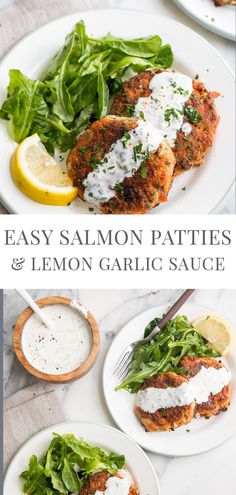 two plates with salmon patties and lemon garlic sauce