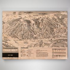 a map of the trail in the mountains is displayed on a white wall with black lettering