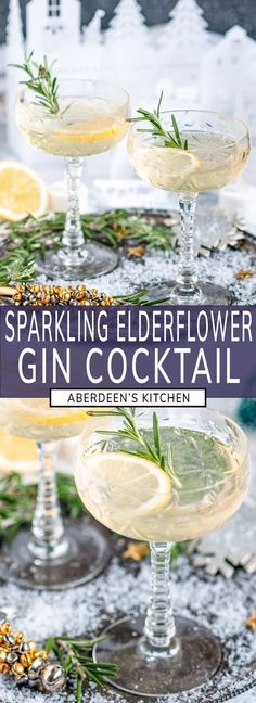 sparkling elderflower gin cocktail with rosemary garnish in coupe glasses on a tray