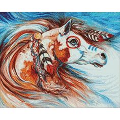 a cross stitch pattern of a horse with feathers on it's head, in the water