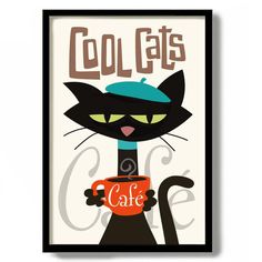 a black cat holding a coffee cup with the words colgates cafe on it