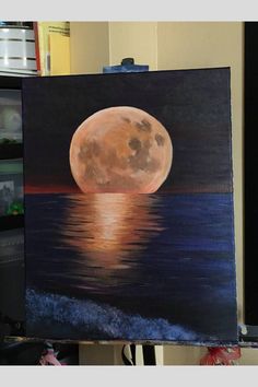 a painting of a full moon reflecting in the water