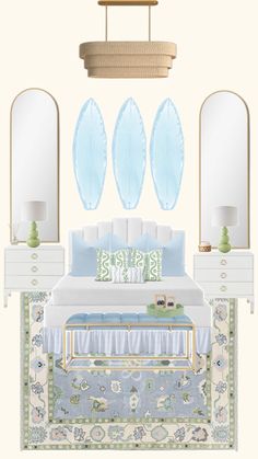 a white bed sitting next to two mirrors and lamps on top of a table in front of a mirror